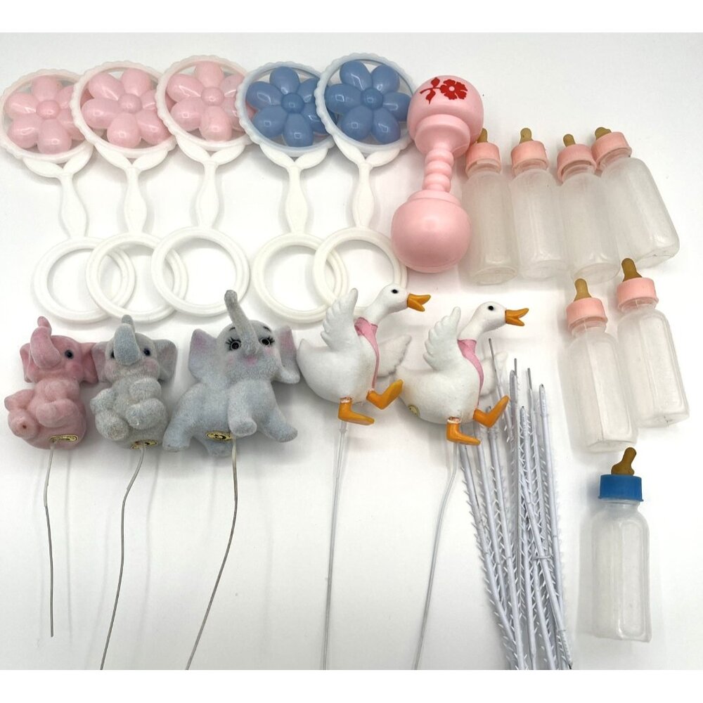 Vintage Baby Shower Decorations Rattles Bottles Flocked Animals Party Decor READ